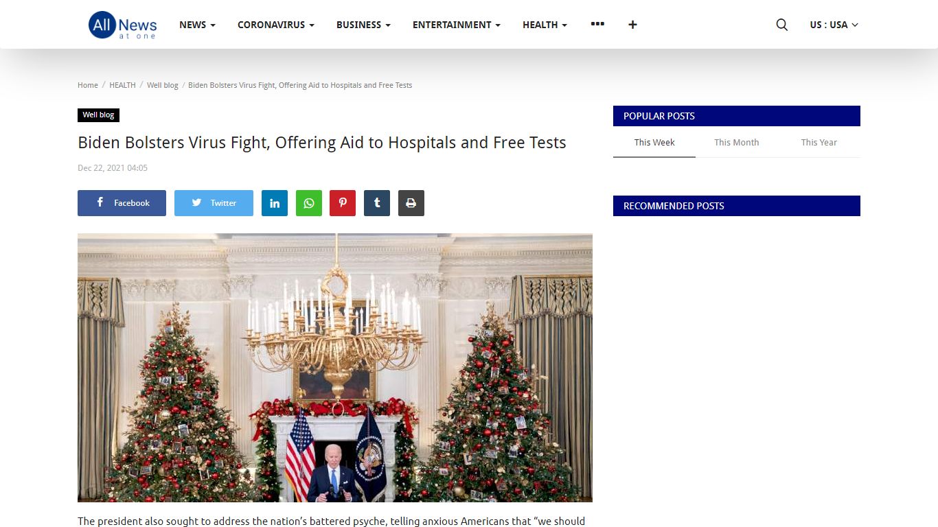 Biden Bolsters Virus Fight, Offering Aid to Hospitals and Free Tests